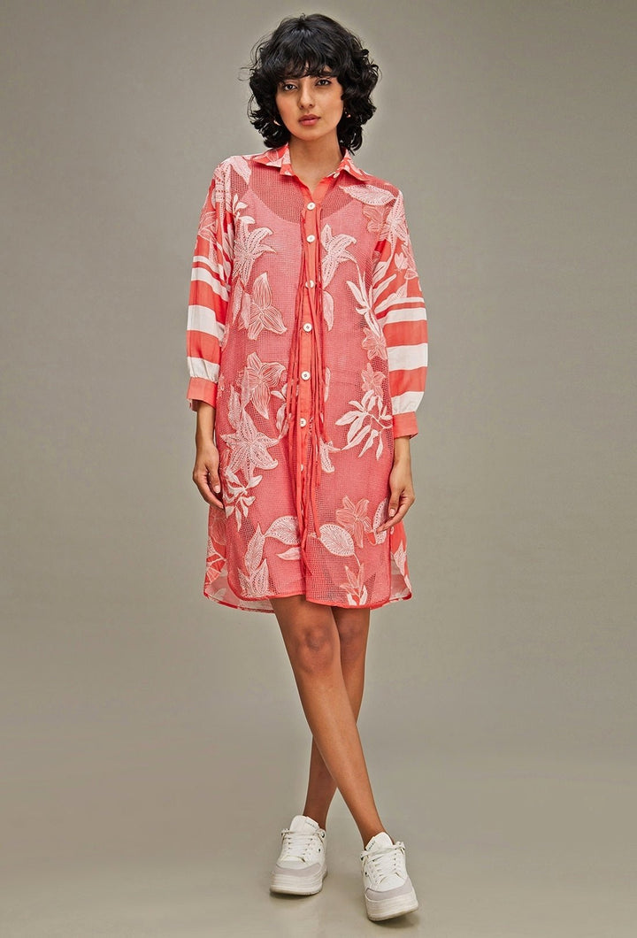 Pink Applique And Floral Embroidery Shirt Dress Soup By Sougat Paul - Fabilicious Fashion