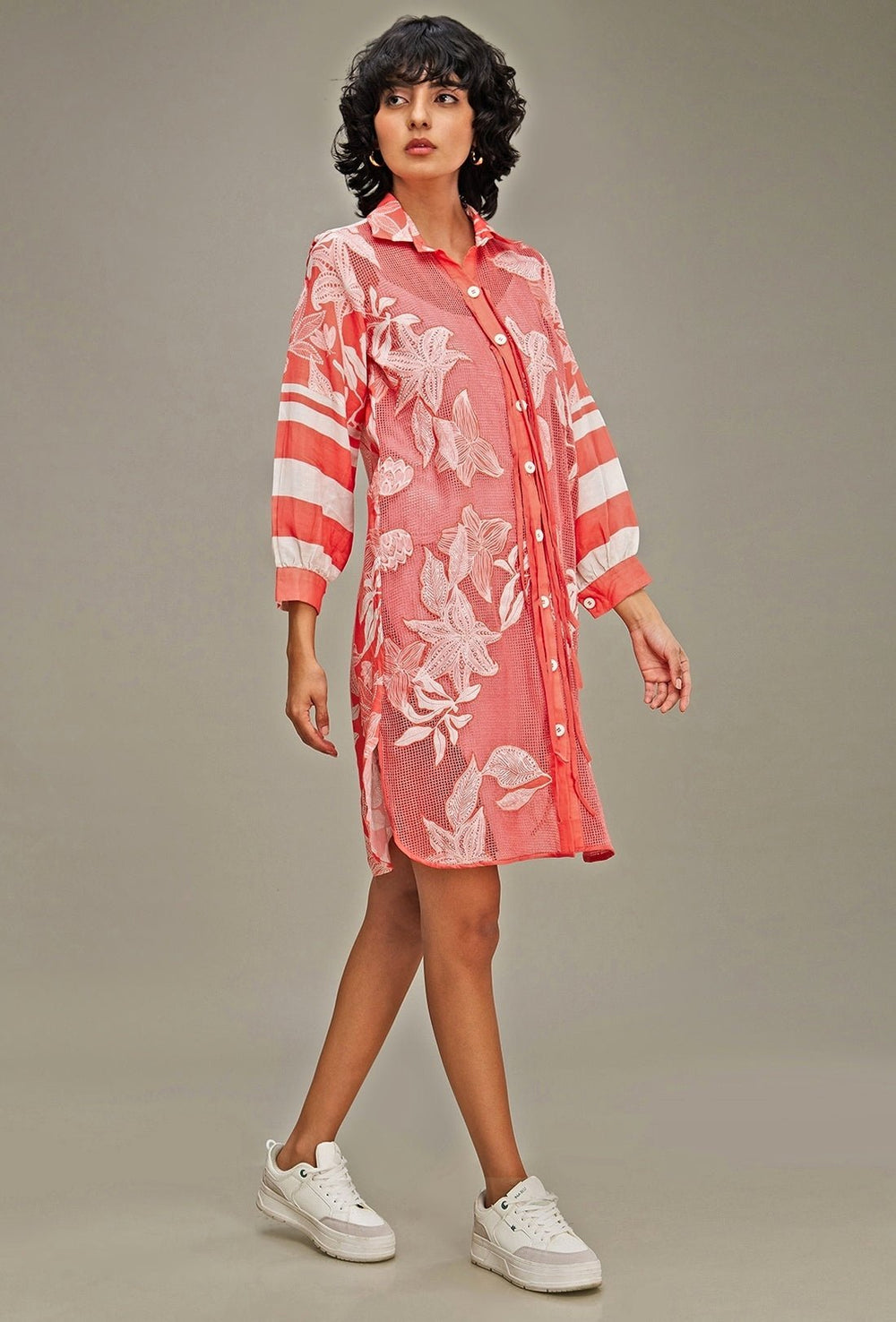 Pink Applique And Floral Embroidery Shirt Dress Soup By Sougat Paul - Fabilicious Fashion