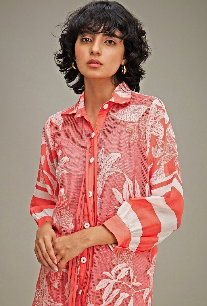 Pink Applique And Floral Embroidery Shirt Dress Soup By Sougat Paul - Fabilicious Fashion