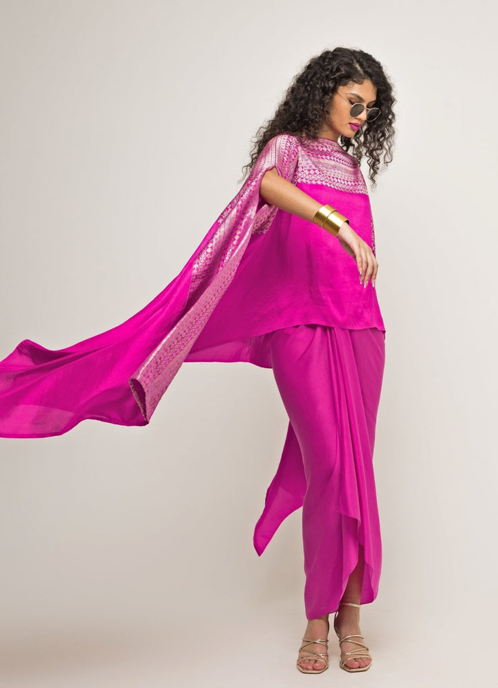 Pink Asymmetric Silk Cape With Twisted Skirt Sobariko - Fabilicious Fashion