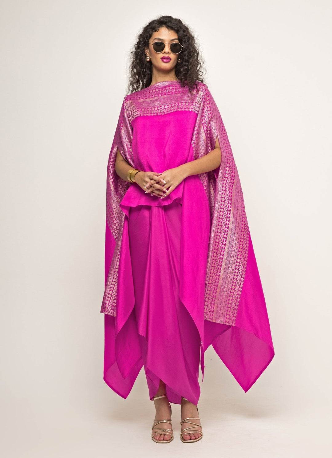 Pink Asymmetric Silk Cape With Twisted Skirt Sobariko - Fabilicious Fashion