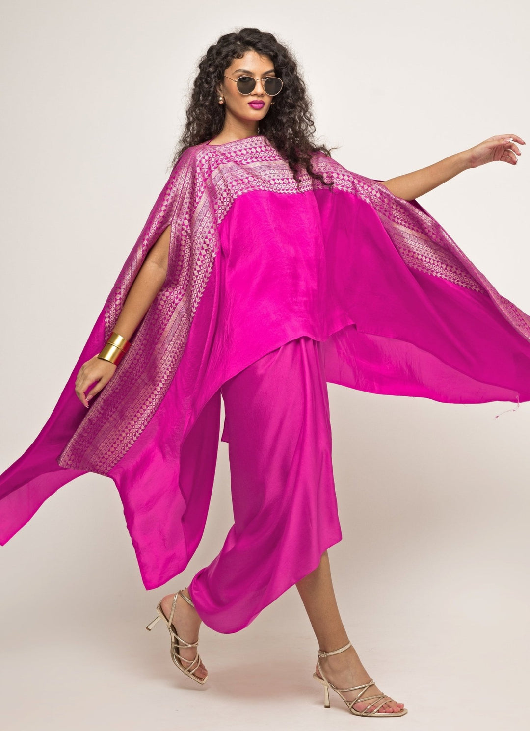 Pink Asymmetric Silk Cape With Twisted Skirt Sobariko - Fabilicious Fashion