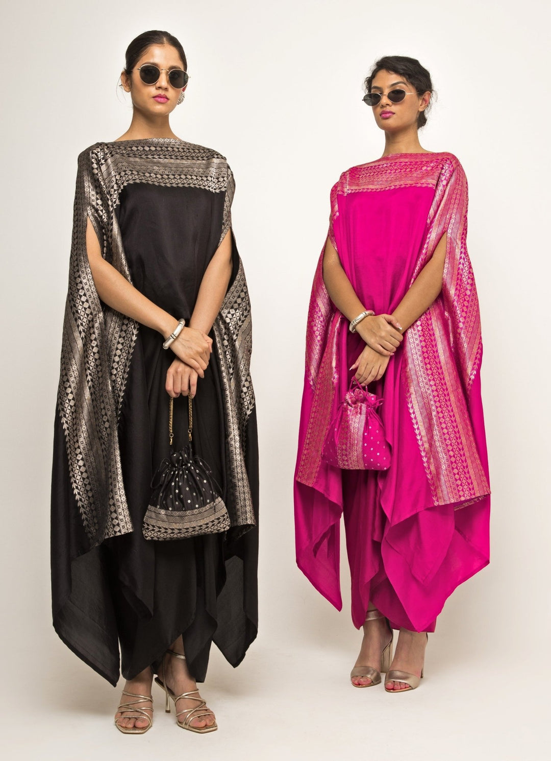 Pink Asymmetric Silk Cape With Twisted Skirt Sobariko - Fabilicious Fashion