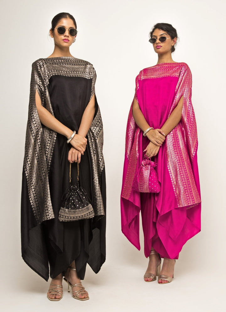 Pink Asymmetric Silk Cape With Twisted Skirt Sobariko - Fabilicious Fashion