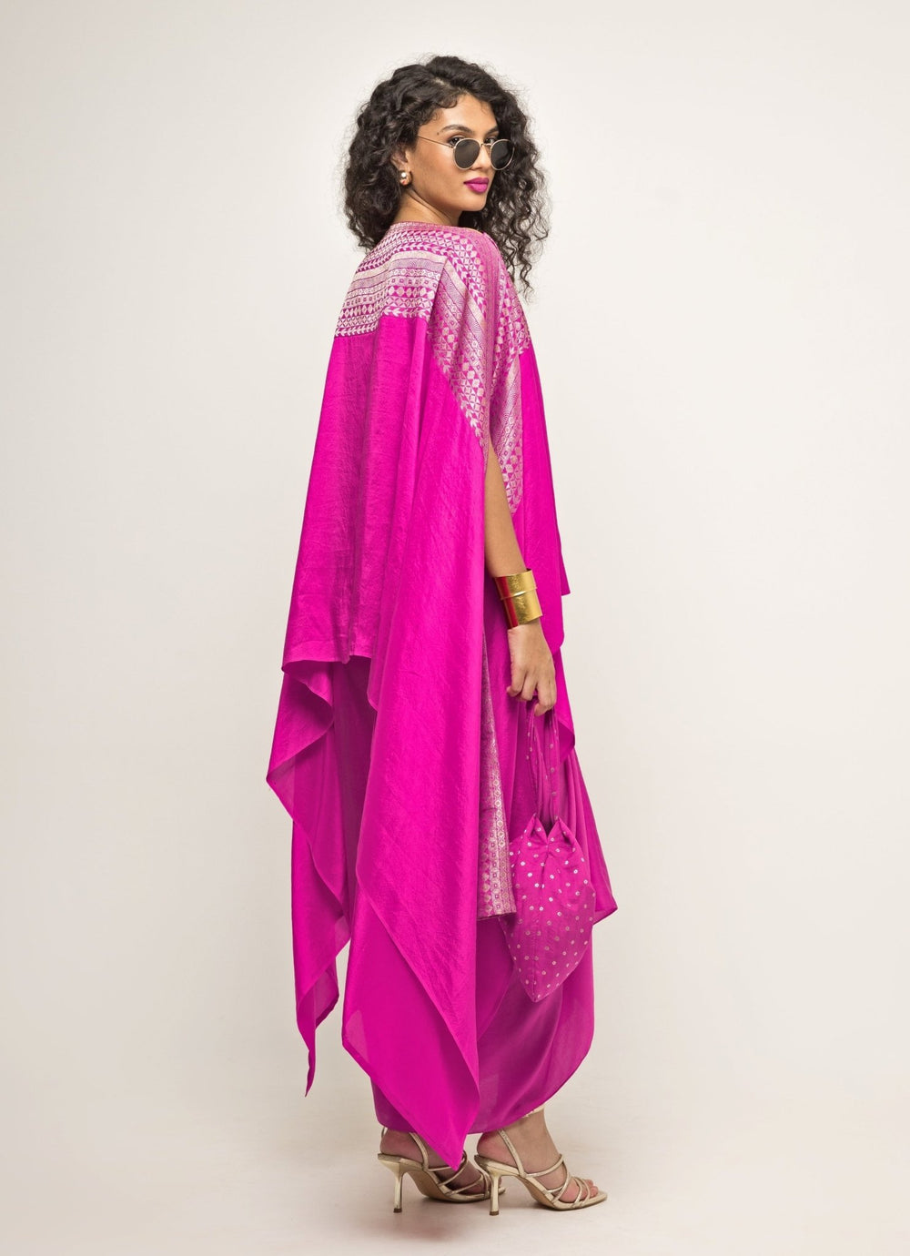 Pink Asymmetric Silk Cape With Twisted Skirt Sobariko - Fabilicious Fashion