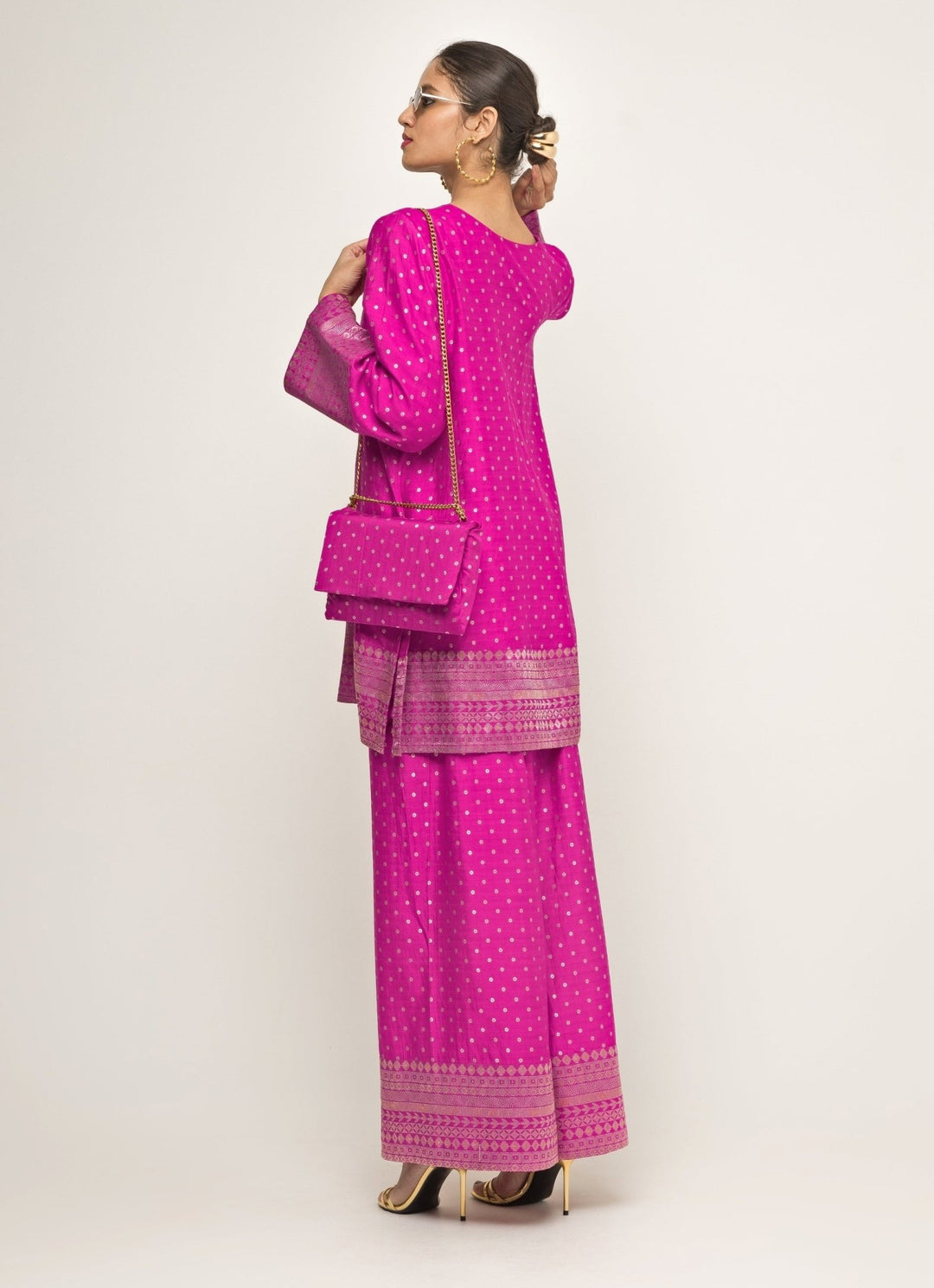 Pink Banarasi Dotted Silk Kurta Pants Set Sobariko - Fabilicious Fashion