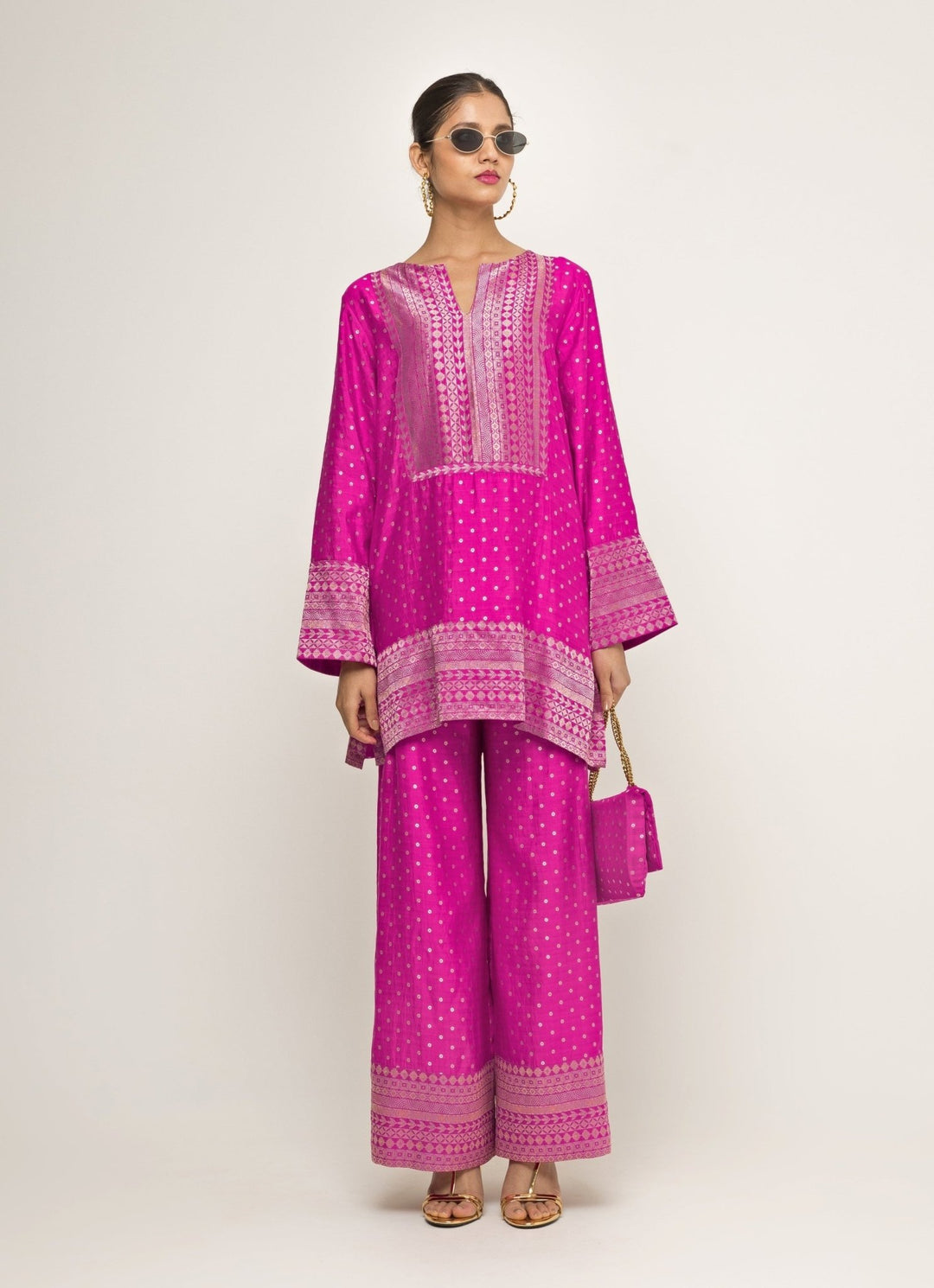 Pink Banarasi Dotted Silk Kurta Pants Set Sobariko - Fabilicious Fashion
