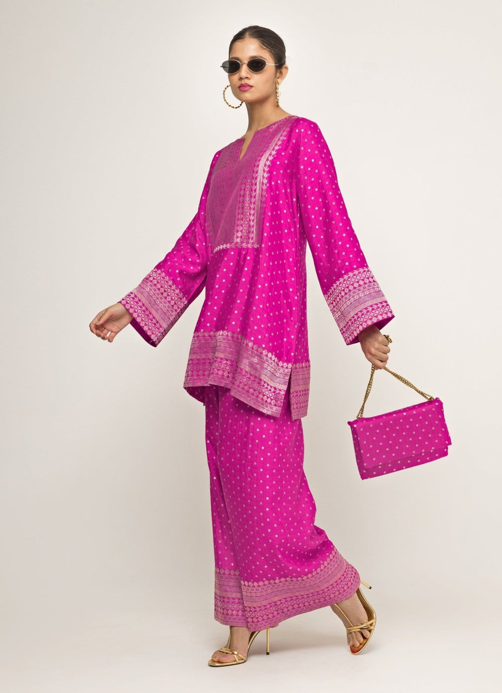 Pink Banarasi Dotted Silk Kurta Pants Set Sobariko - Fabilicious Fashion