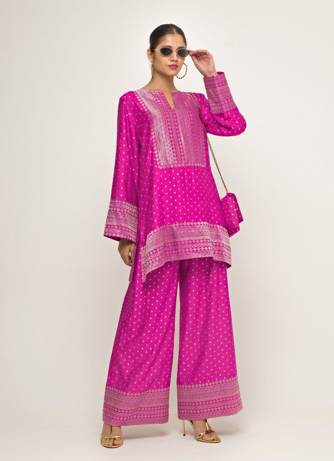 Pink Banarasi Dotted Silk Kurta Pants Set Sobariko - Fabilicious Fashion