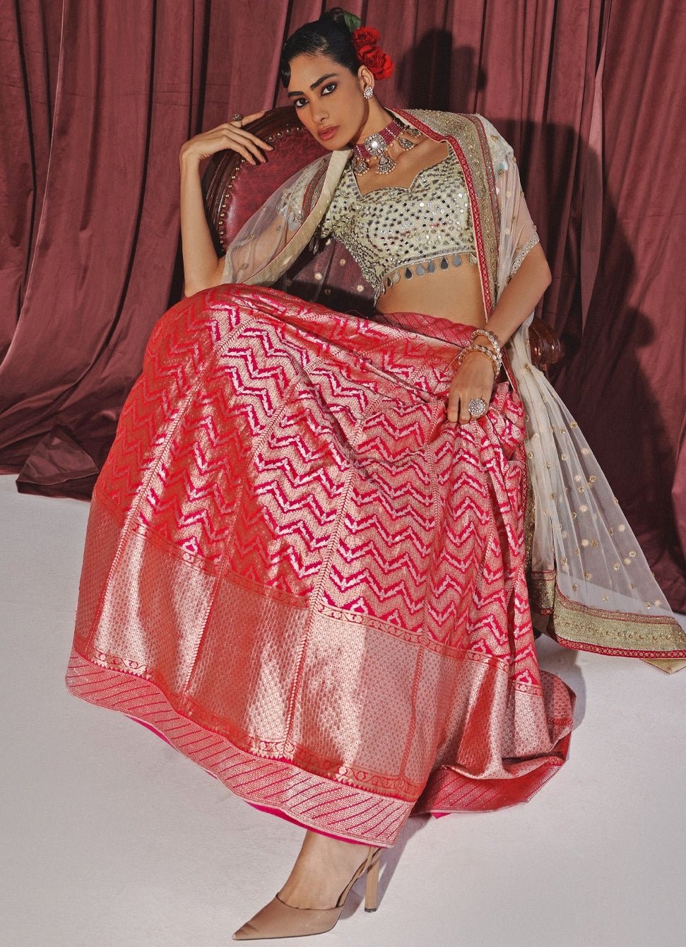 Pink Banarasi Lehenga Set With Cape Twenty Nine - Fabilicious Fashion