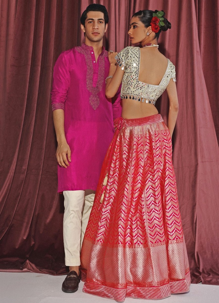 Pink Banarasi Lehenga Set With Cape Twenty Nine - Fabilicious Fashion