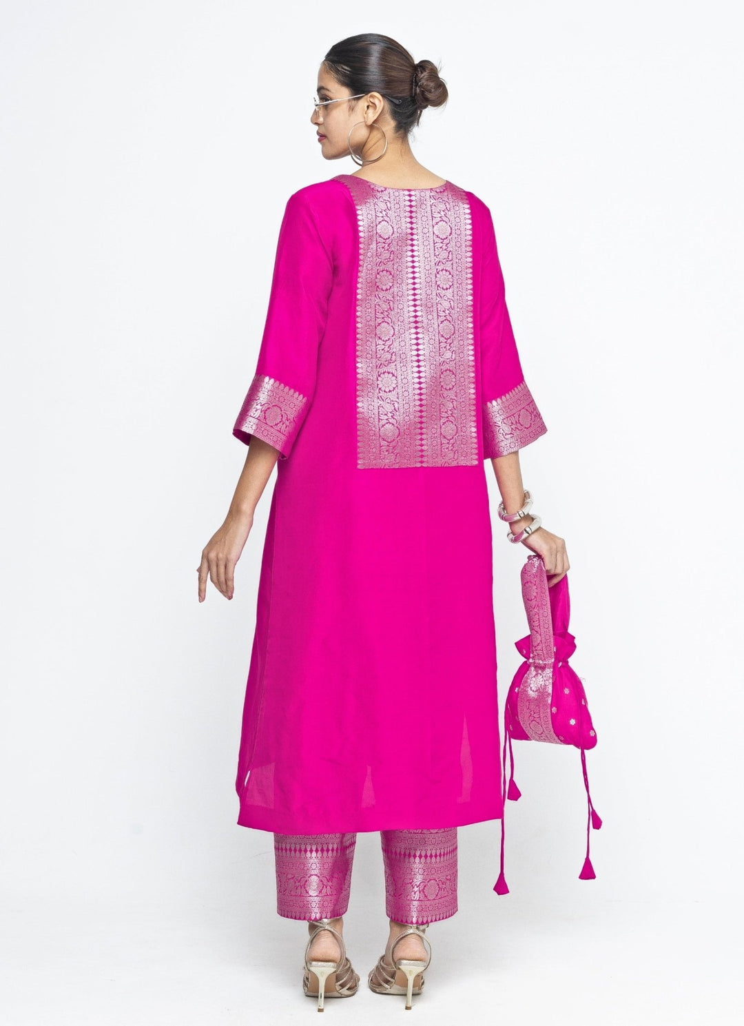 Pink Banarasi Silk Kurta Pants Set Sobariko - Fabilicious Fashion