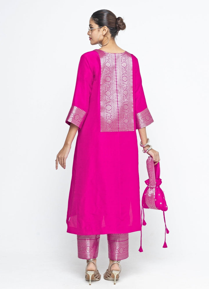 Pink Banarasi Silk Kurta Pants Set Sobariko - Fabilicious Fashion