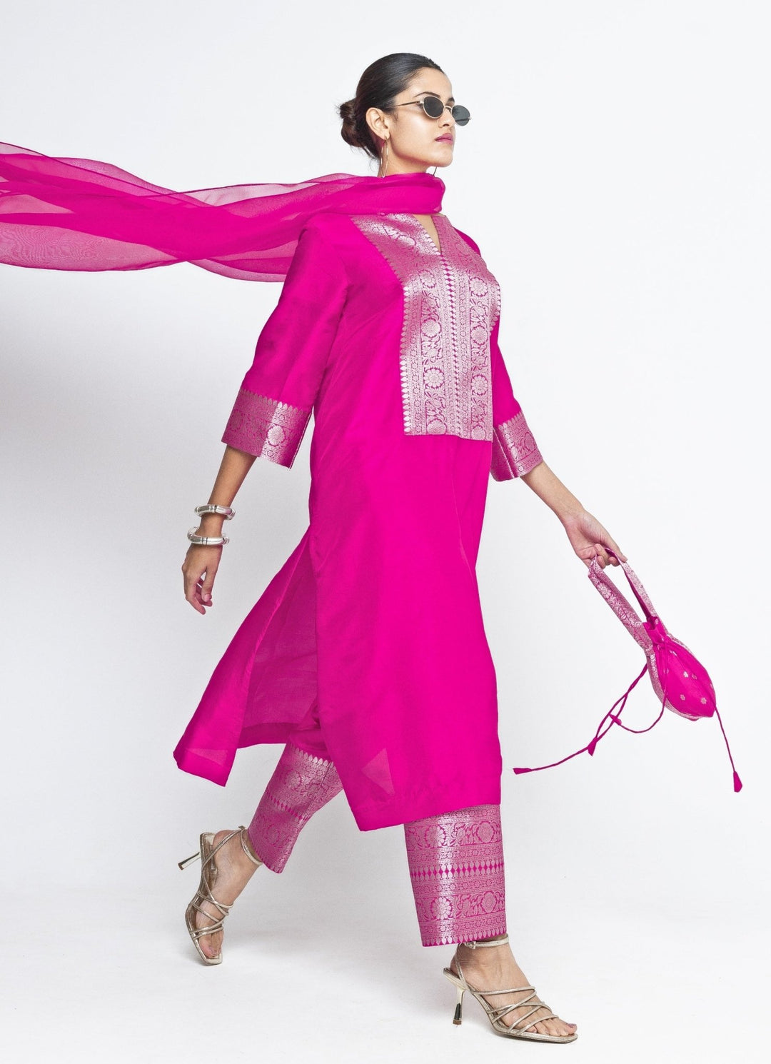 Pink Banarasi Silk Kurta Pants Set Sobariko - Fabilicious Fashion