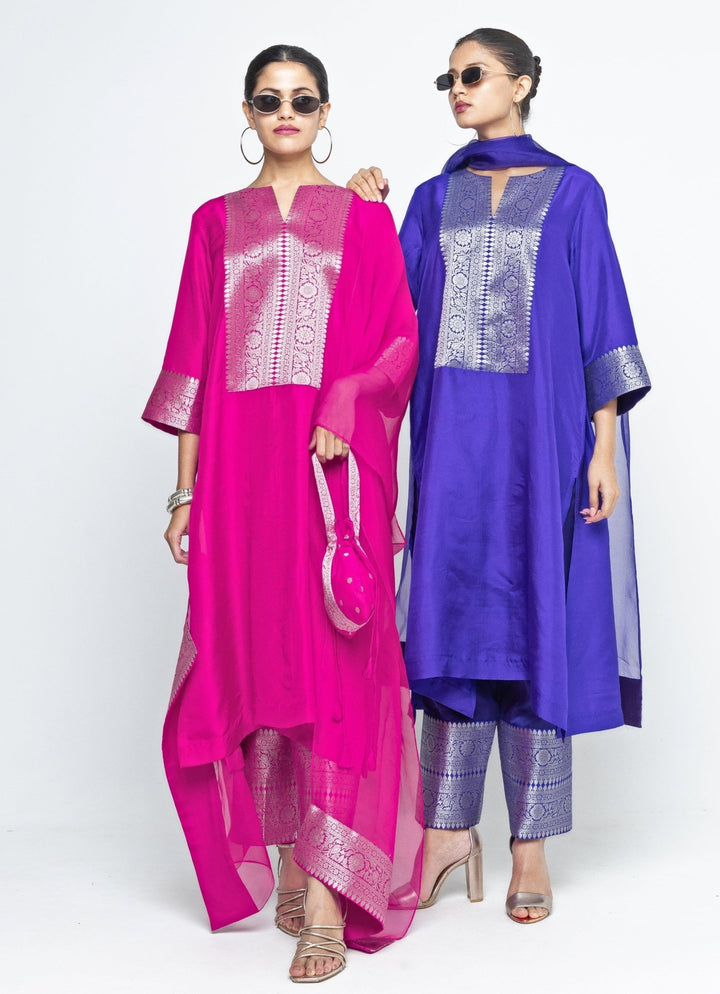 Pink Banarasi Silk Kurta Pants Set Sobariko - Fabilicious Fashion