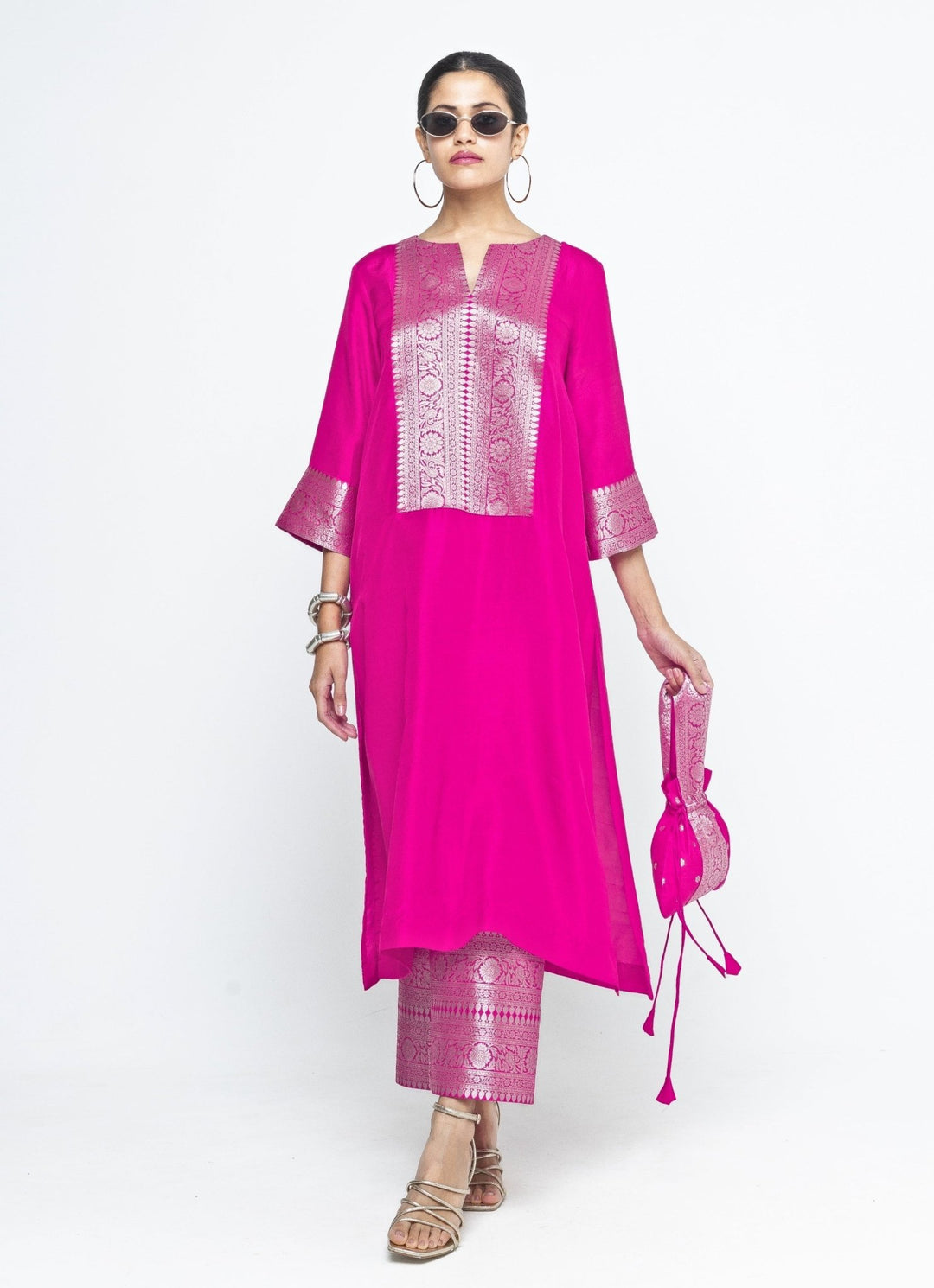 Pink Banarasi Silk Kurta Pants Set Sobariko - Fabilicious Fashion