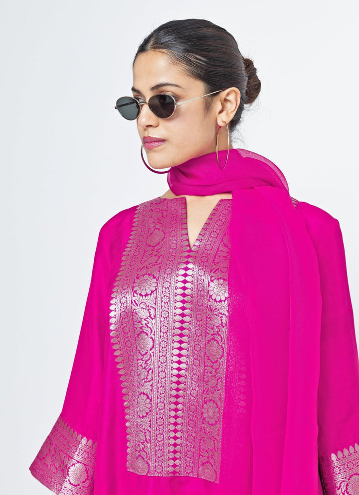 Pink Banarasi Silk Kurta Pants Set Sobariko - Fabilicious Fashion