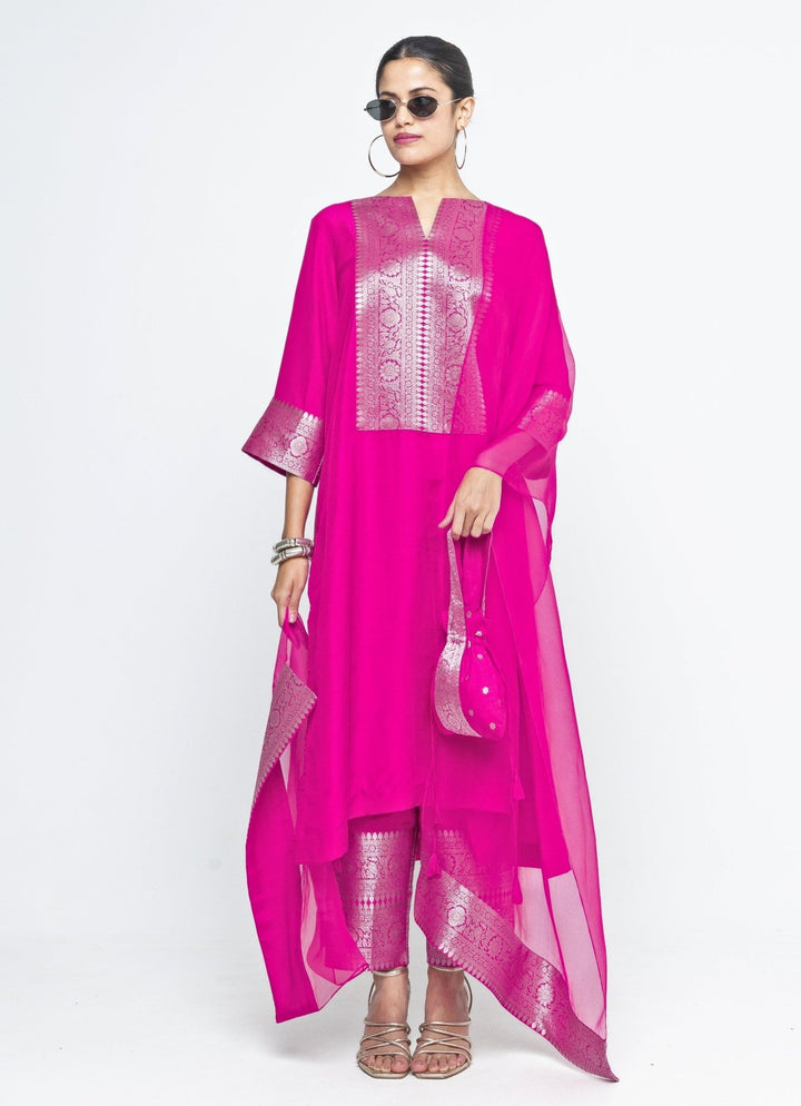 Pink Banarasi Silk Kurta Pants Set Sobariko - Fabilicious Fashion