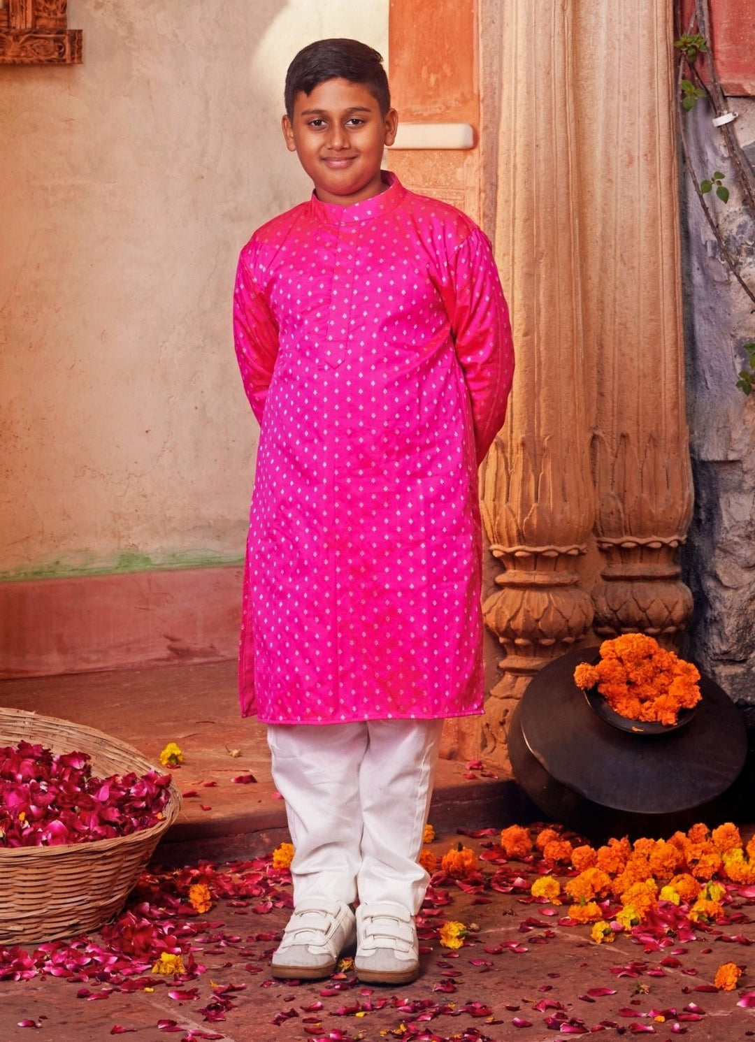 Chotibuti Pink Banarasi Silk Kurta With White PantsFabilicious Fashion