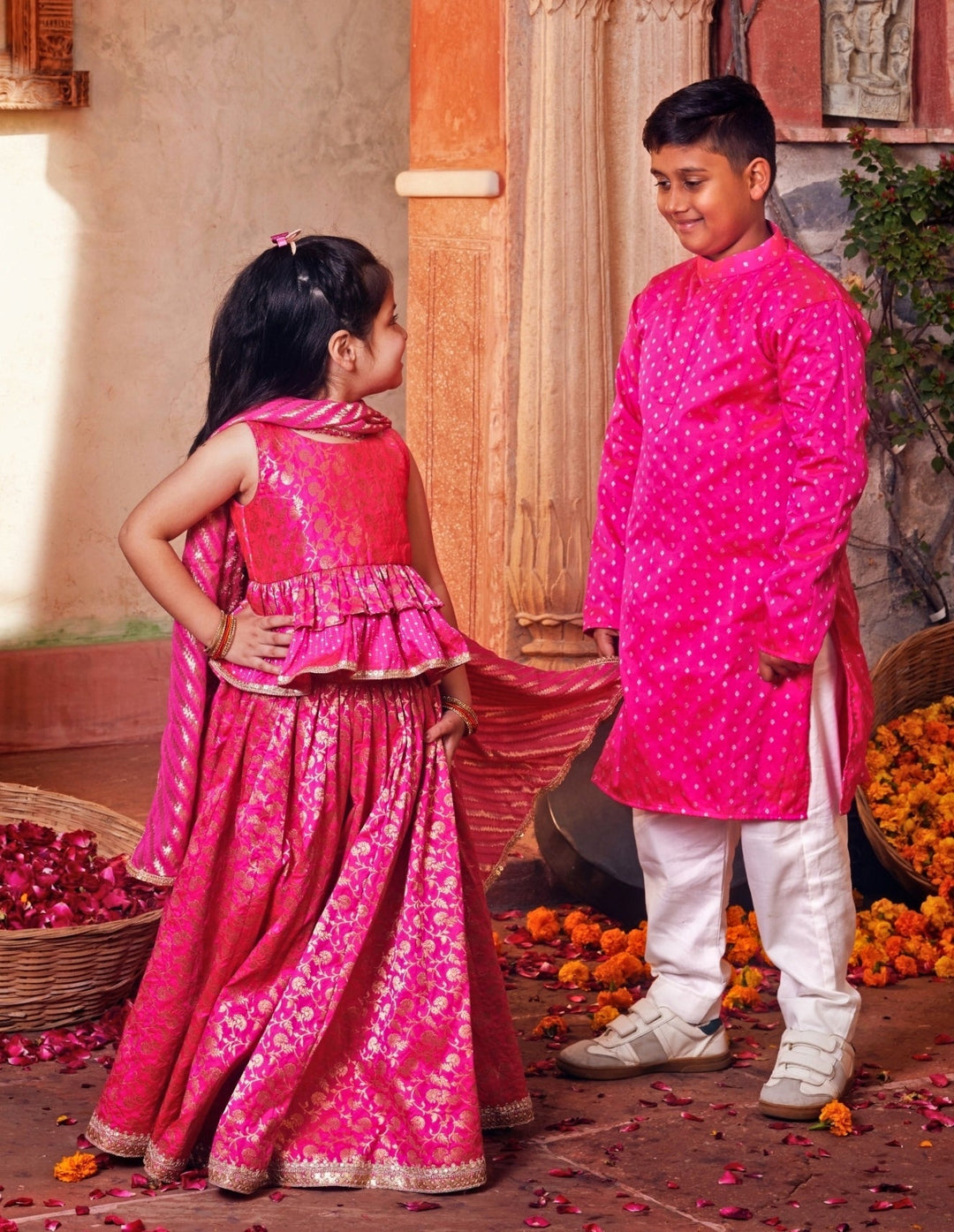 Chotibuti Pink Banarasi Silk Kurta With White PantsFabilicious Fashion