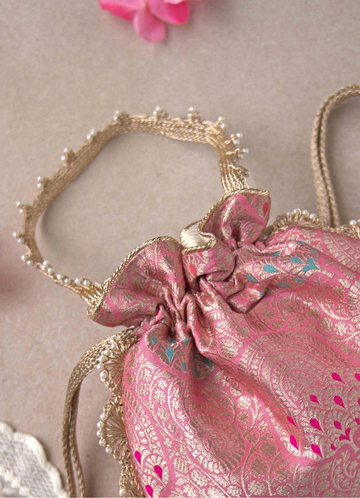 Pink Banarasi Woven Potli AMYRA - Fabilicious Fashion