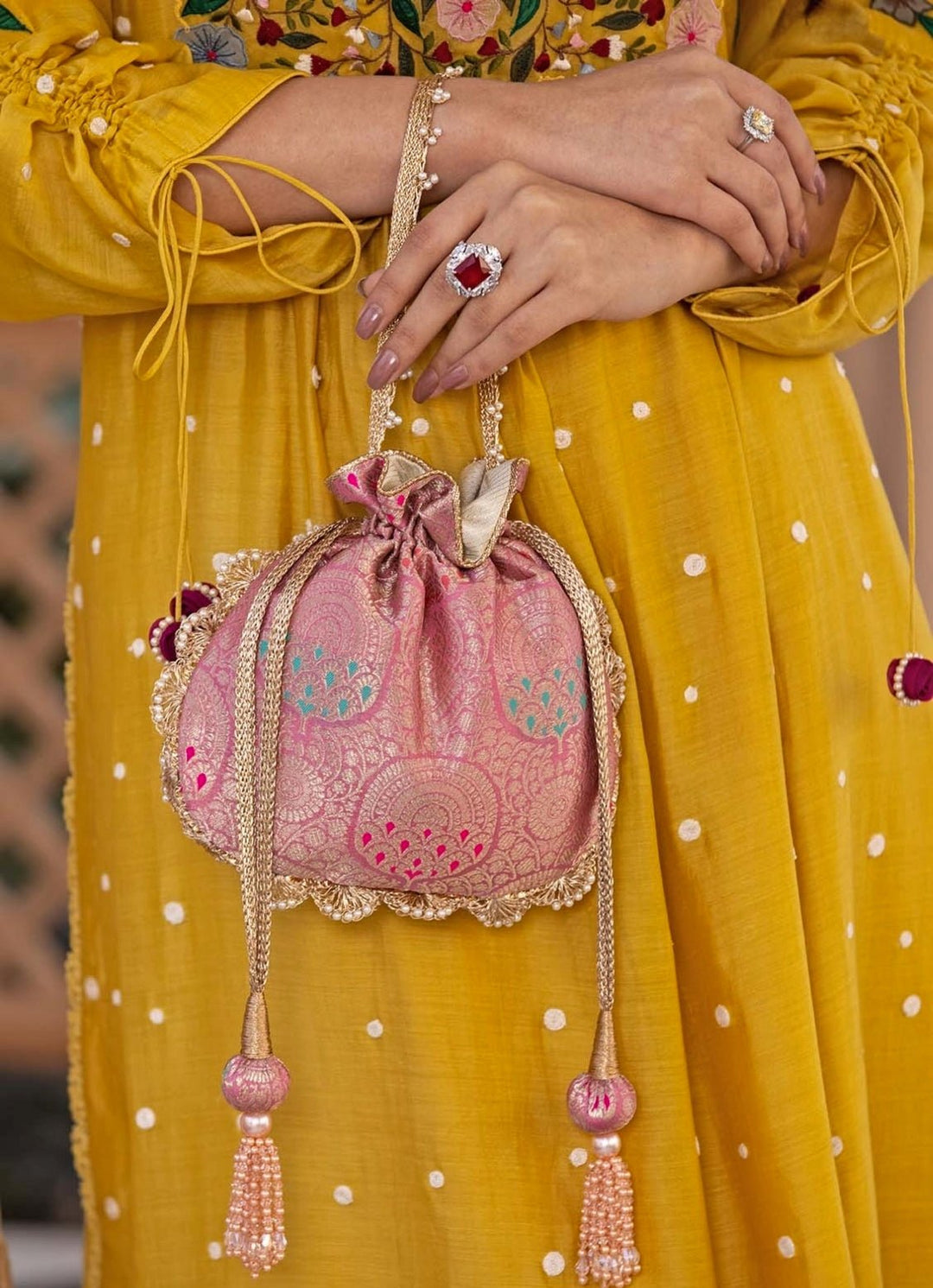 Pink Banarasi Woven Potli AMYRA - Fabilicious Fashion