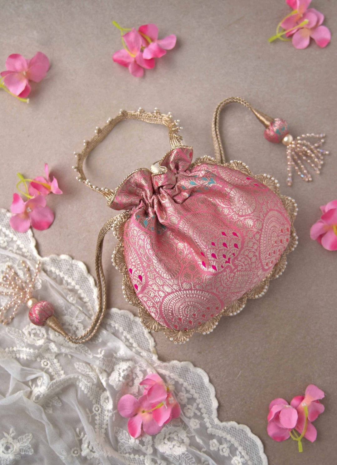 Pink Banarasi Woven Potli AMYRA - Fabilicious Fashion