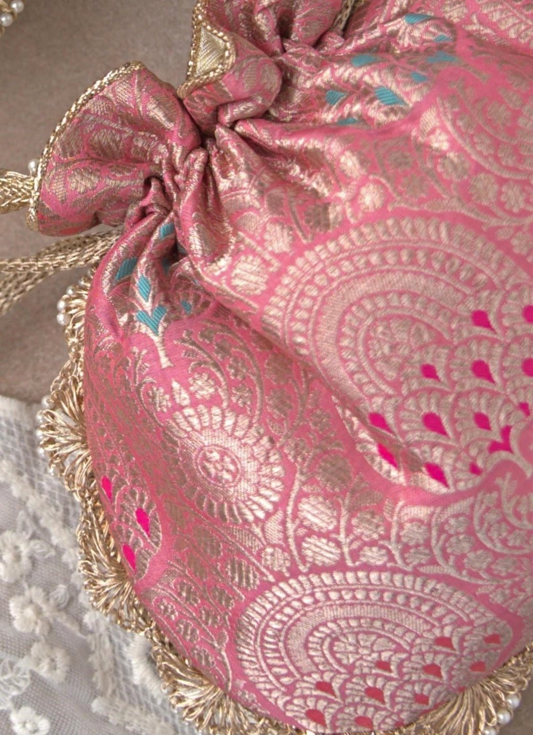 Pink Banarasi Woven Potli AMYRA - Fabilicious Fashion