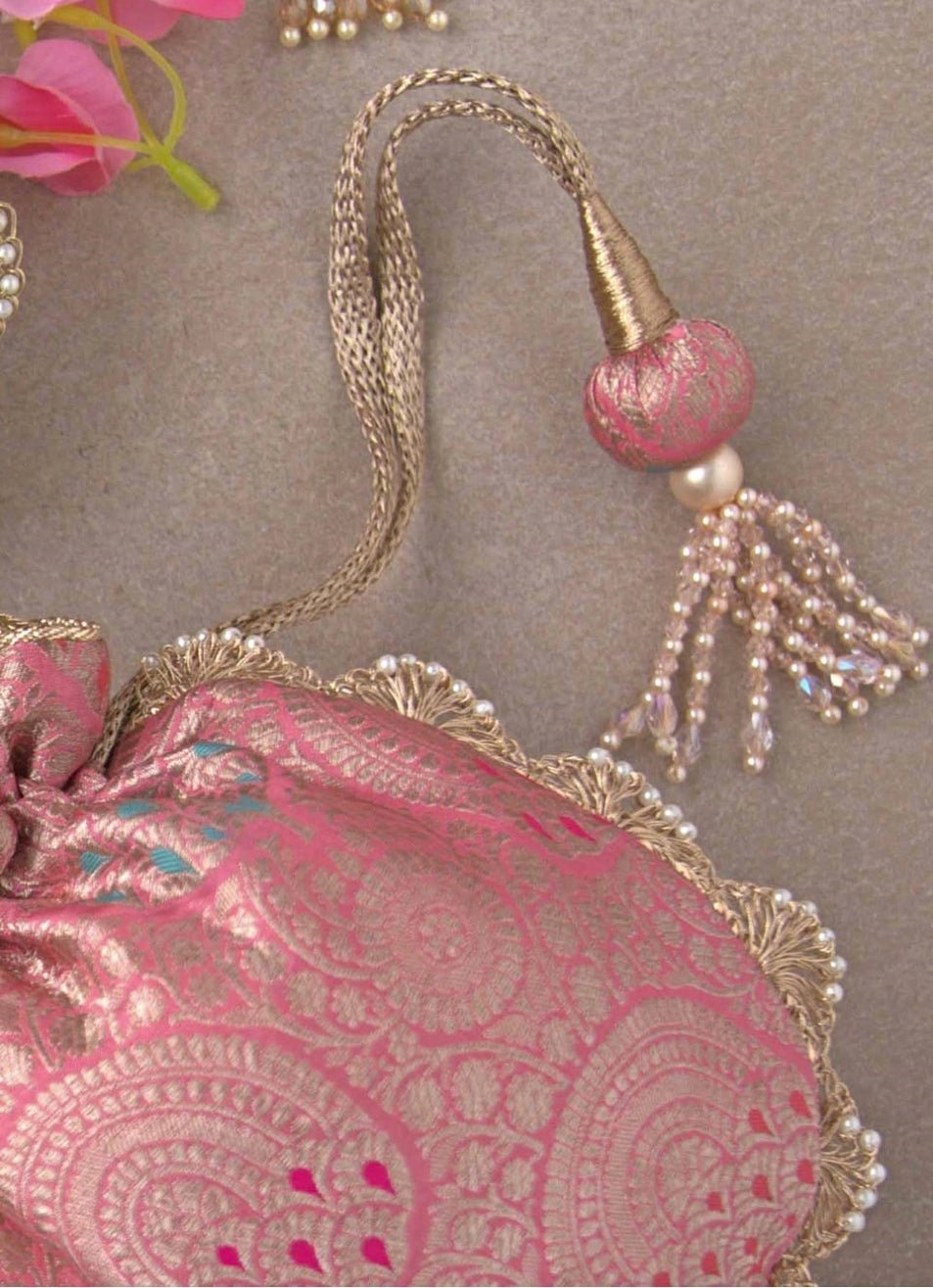 Pink Banarasi Woven Potli AMYRA - Fabilicious Fashion