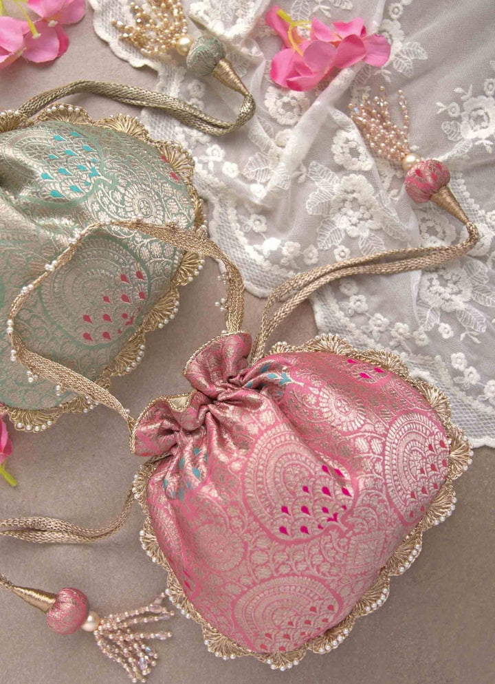 Pink Banarasi Woven Potli AMYRA - Fabilicious Fashion