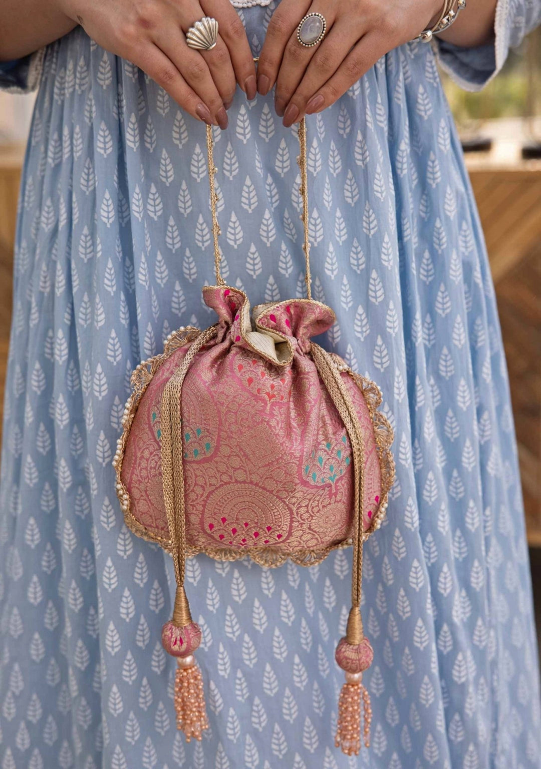 Pink Banarasi Woven Potli AMYRA - Fabilicious Fashion