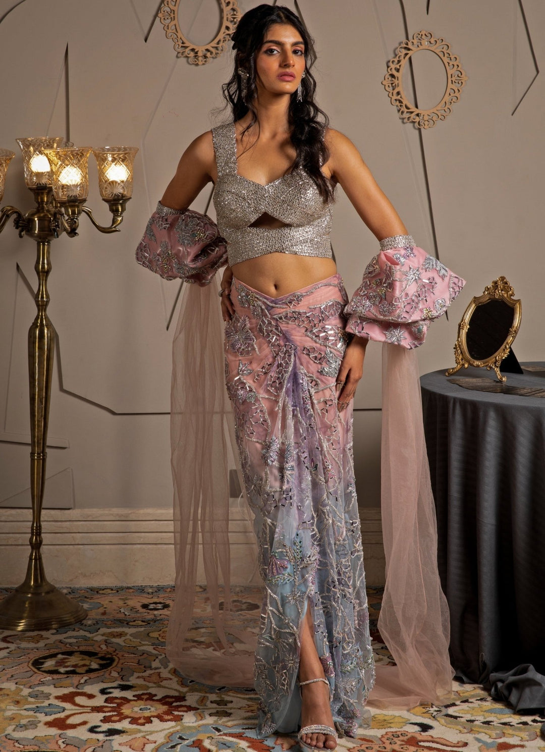 Pink & Blue Ombre Embroidered Drape Skirt Set Moledro - Fabilicious Fashion