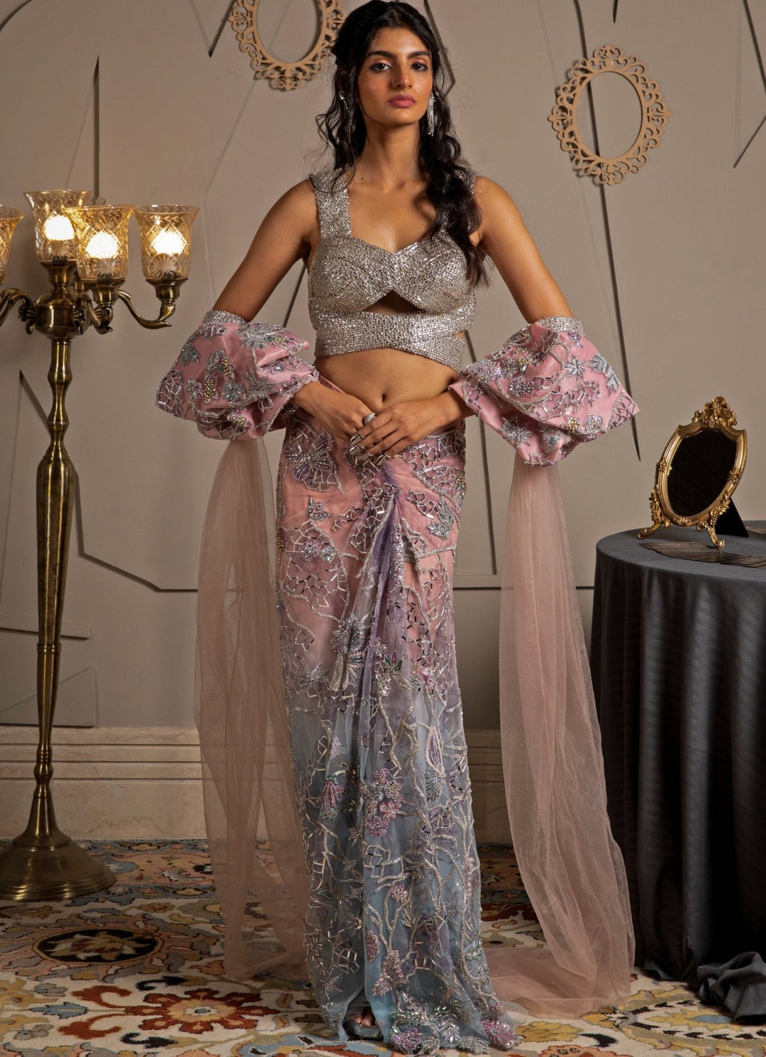 Pink & Blue Ombre Embroidered Drape Skirt Set Moledro - Fabilicious Fashion