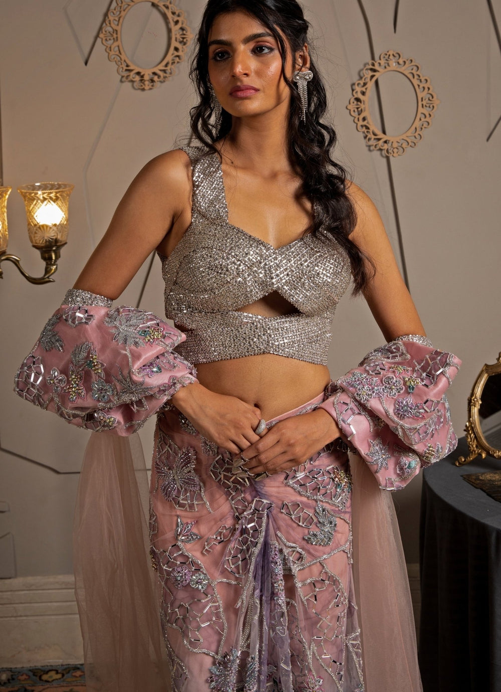 Pink & Blue Ombre Embroidered Drape Skirt Set Moledro - Fabilicious Fashion