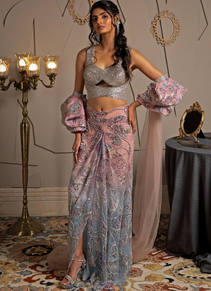 Pink & Blue Ombre Embroidered Drape Skirt Set Moledro - Fabilicious Fashion