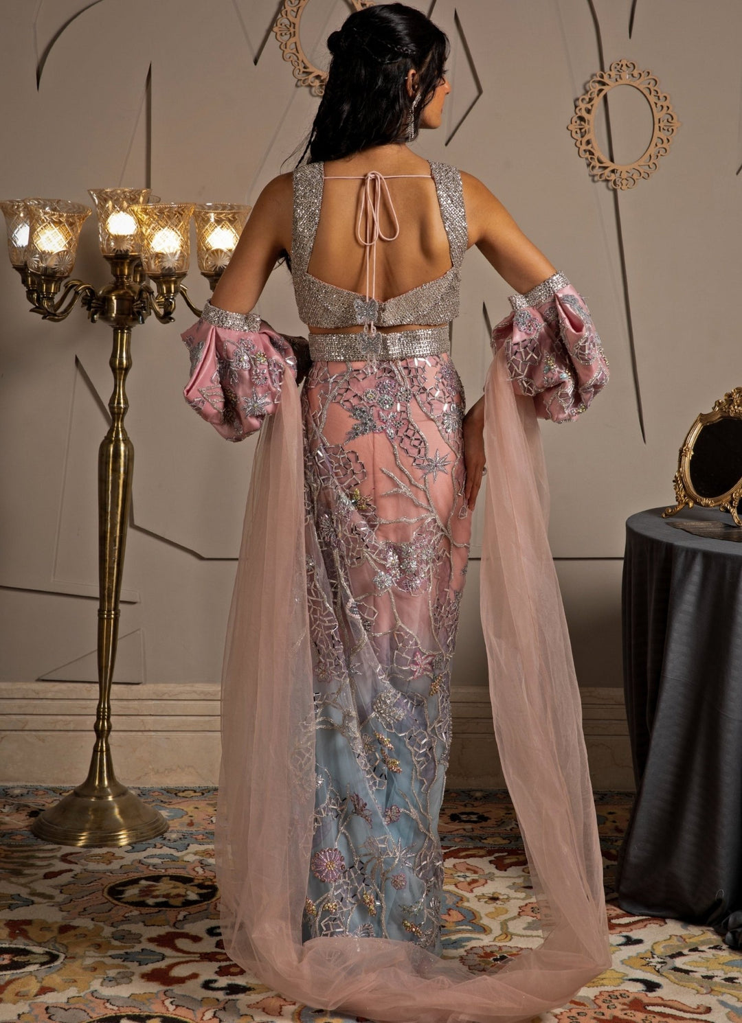 Pink & Blue Ombre Embroidered Drape Skirt Set Moledro - Fabilicious Fashion