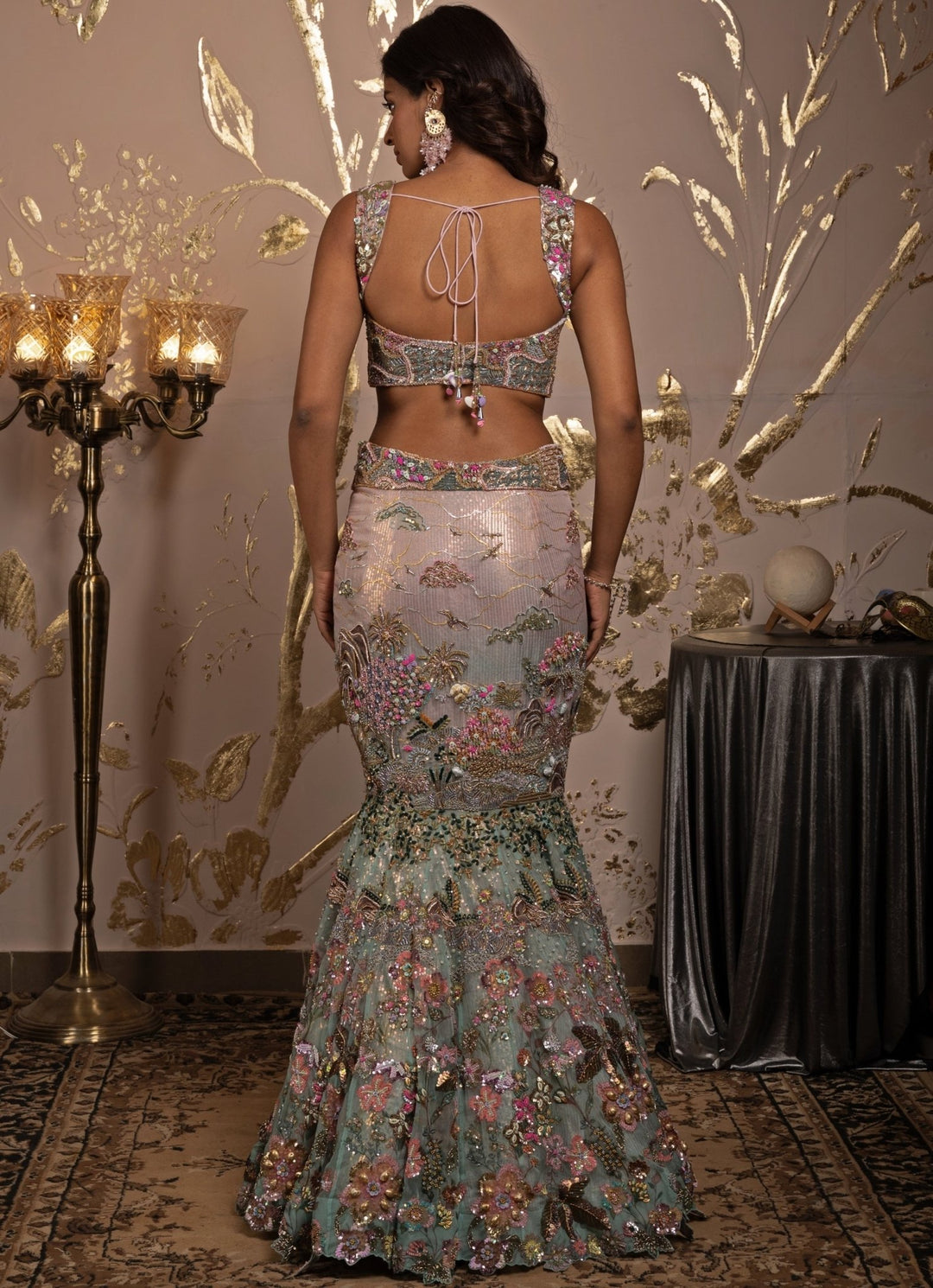 Pink & Blue Ombre Embroidered Fish Cut Mermaid Lehenga Set Moledro - Fabilicious Fashion
