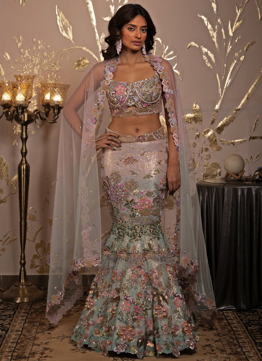 Pink & Blue Ombre Embroidered Fish Cut Mermaid Lehenga Set Moledro - Fabilicious Fashion