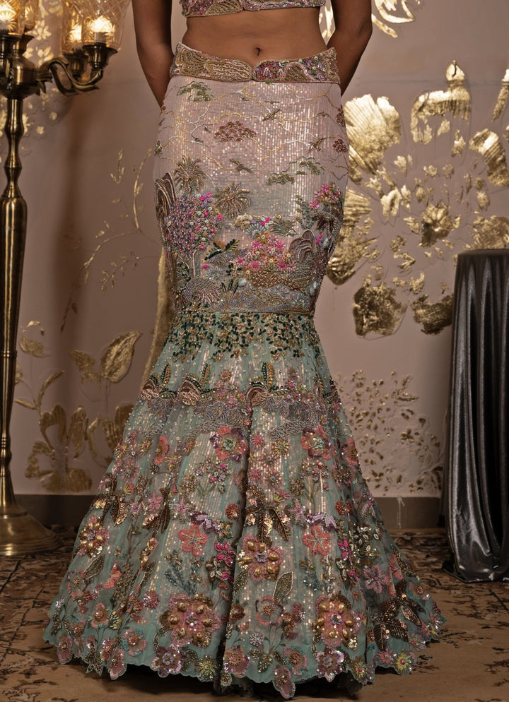 Pink & Blue Ombre Embroidered Fish Cut Mermaid Lehenga Set Moledro - Fabilicious Fashion