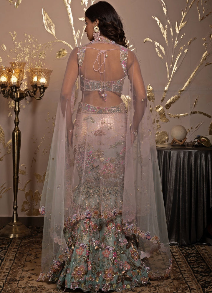 Pink & Blue Ombre Embroidered Fish Cut Mermaid Lehenga Set Moledro - Fabilicious Fashion