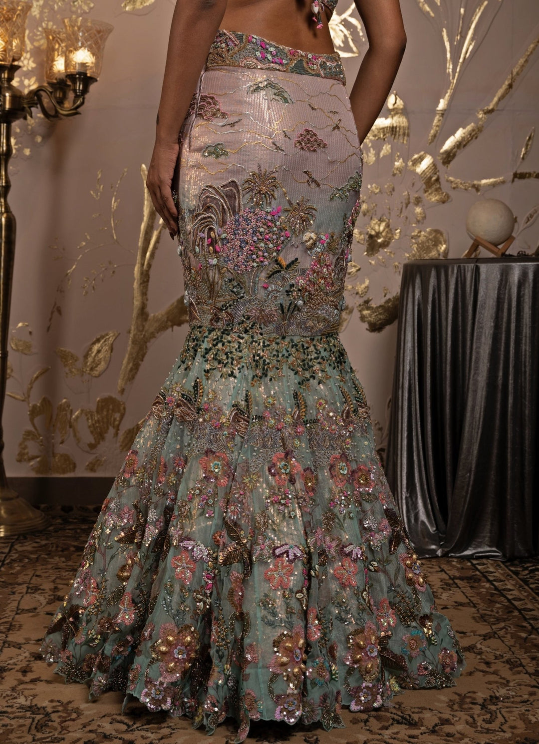 Pink & Blue Ombre Embroidered Fish Cut Mermaid Lehenga Set Moledro - Fabilicious Fashion