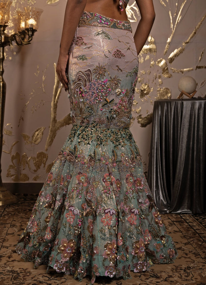 Pink & Blue Ombre Embroidered Fish Cut Mermaid Lehenga Set Moledro - Fabilicious Fashion
