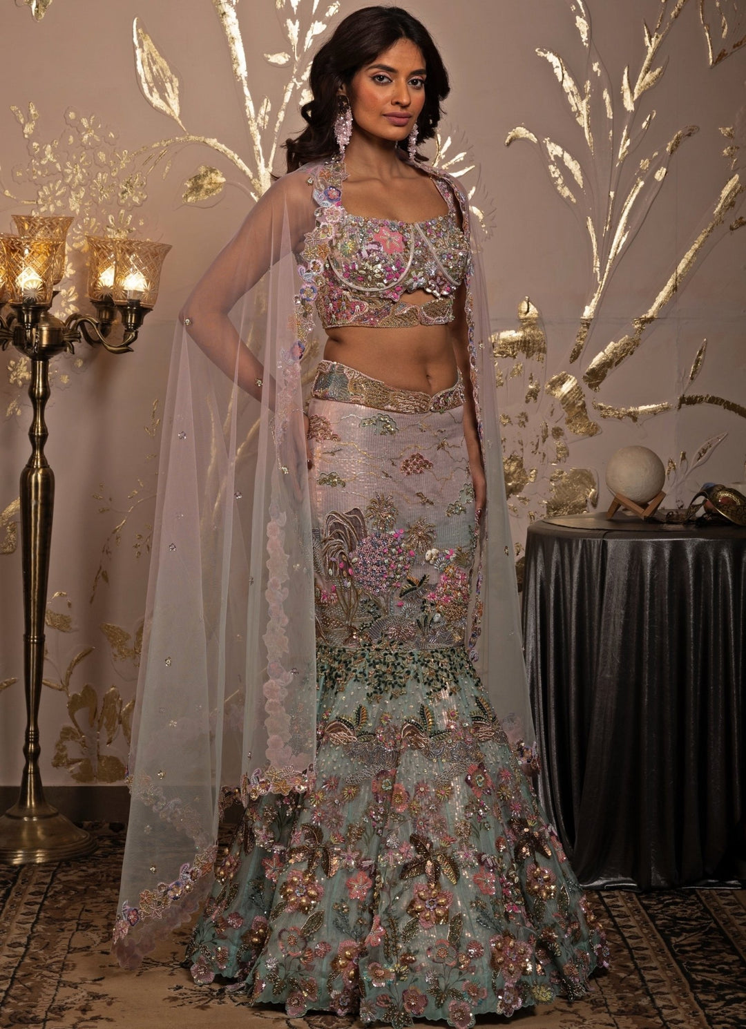 Pink & Blue Ombre Embroidered Fish Cut Mermaid Lehenga Set Moledro - Fabilicious Fashion