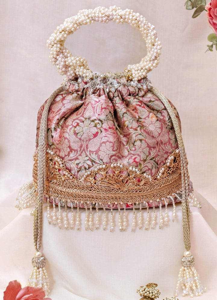 Pink Brocade Bucket Bag AMYRA - Fabilicious Fashion