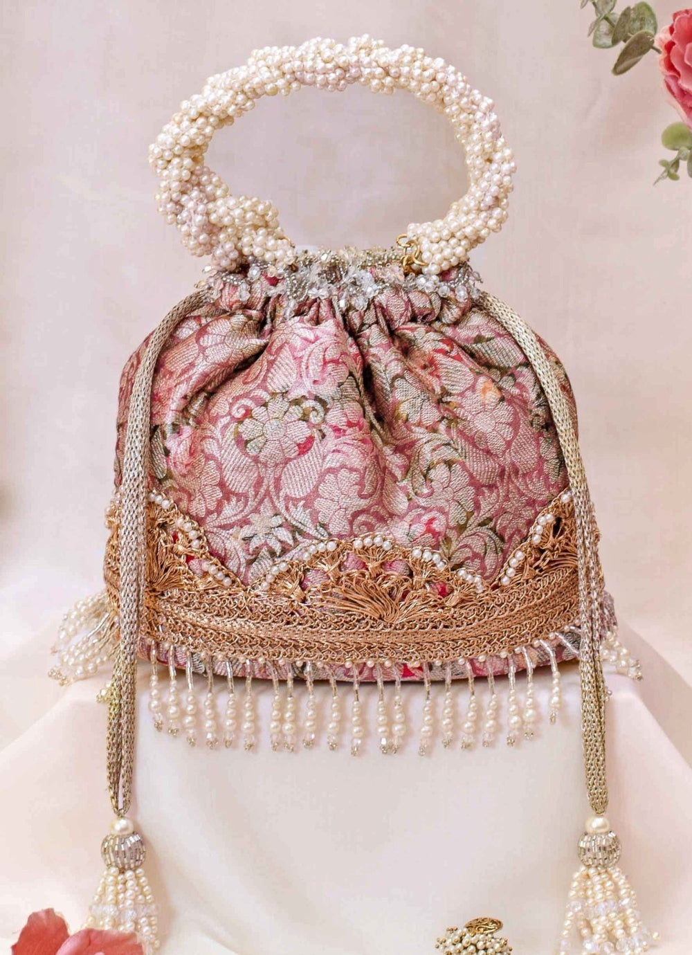 Pink Brocade Bucket Bag AMYRA - Fabilicious Fashion