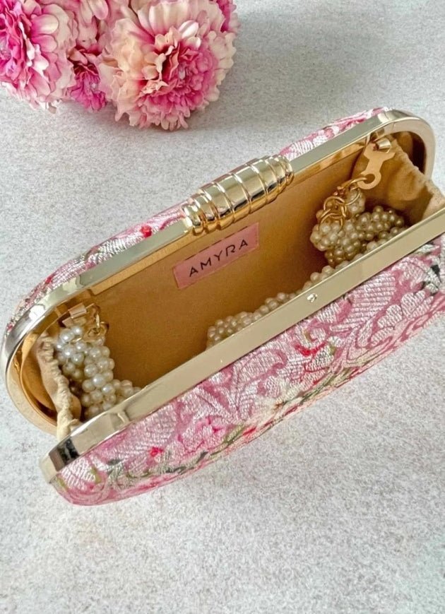 Pink Brocade Clutch AMYRA - Fabilicious Fashion