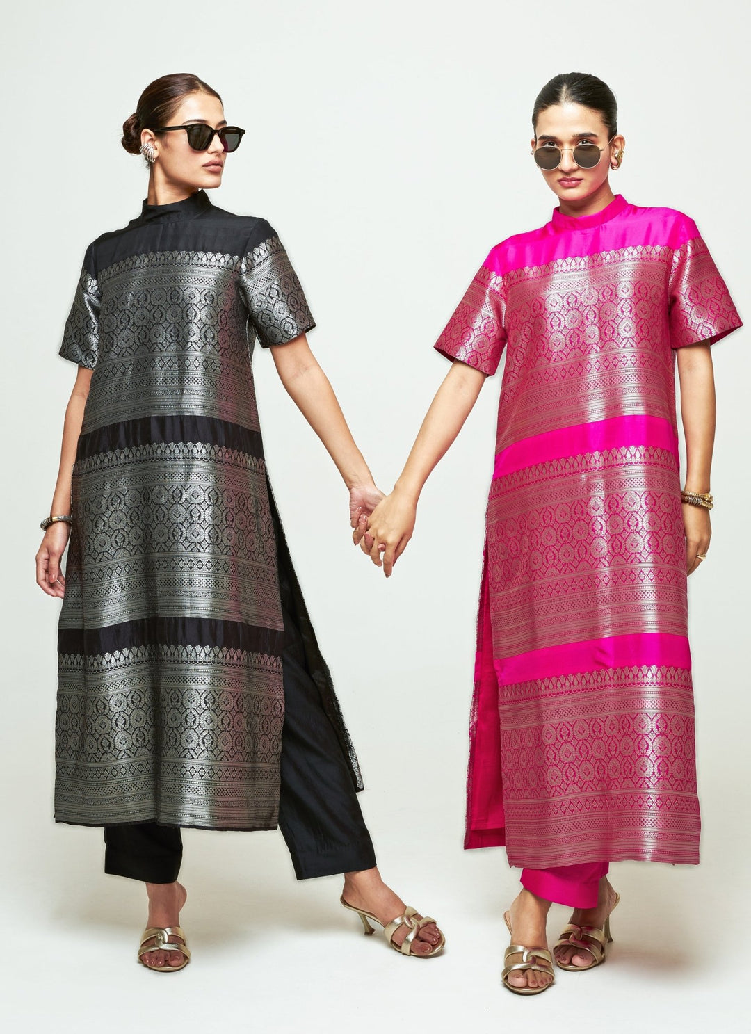 Sobariko Pink Brocade Silk High Neck Kurta Pants SetFabilicious Fashion