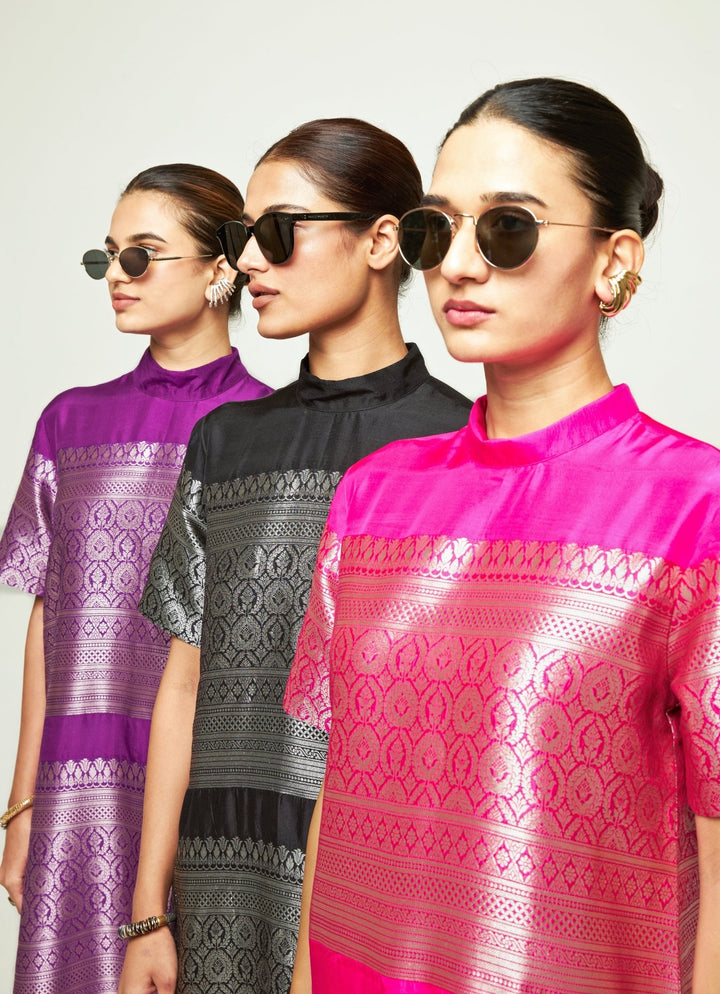 Sobariko Pink Brocade Silk High Neck Kurta Pants SetFabilicious Fashion