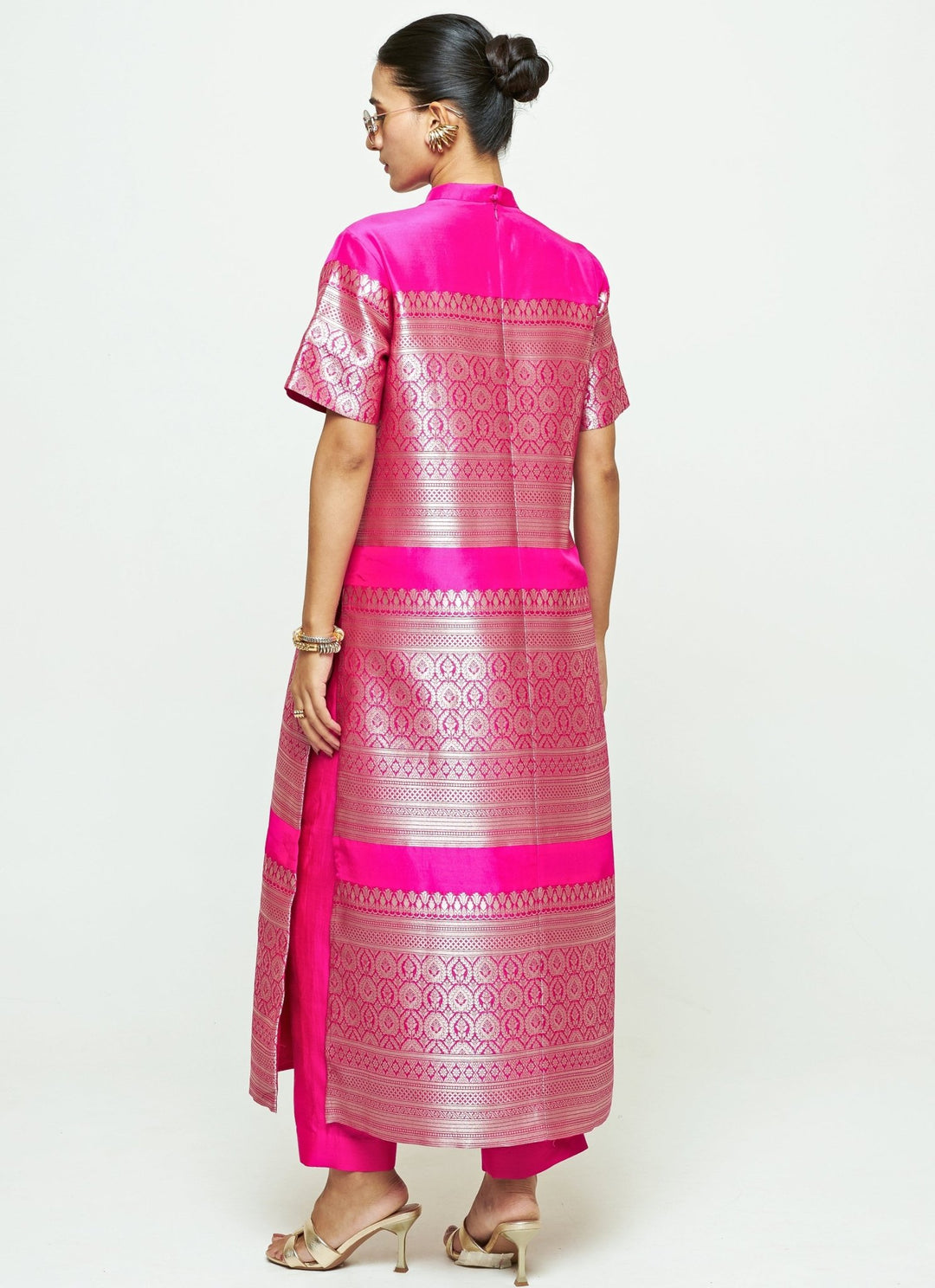 Sobariko Pink Brocade Silk High Neck Kurta Pants SetFabilicious Fashion