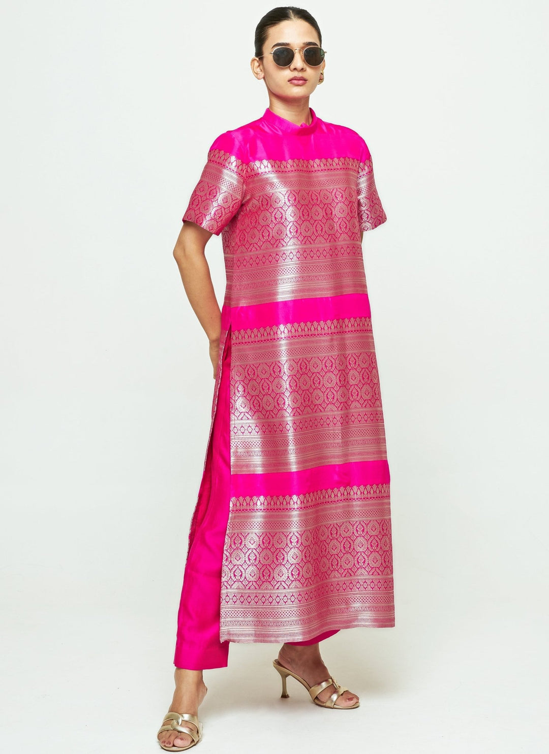 Sobariko Pink Brocade Silk High Neck Kurta Pants SetFabilicious Fashion
